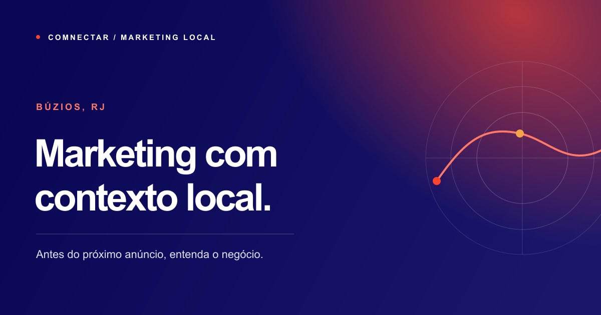 Ilustração editorial sobre marketing local em Búzios, com caminhos que conectam negócio, mensagem e conversa.